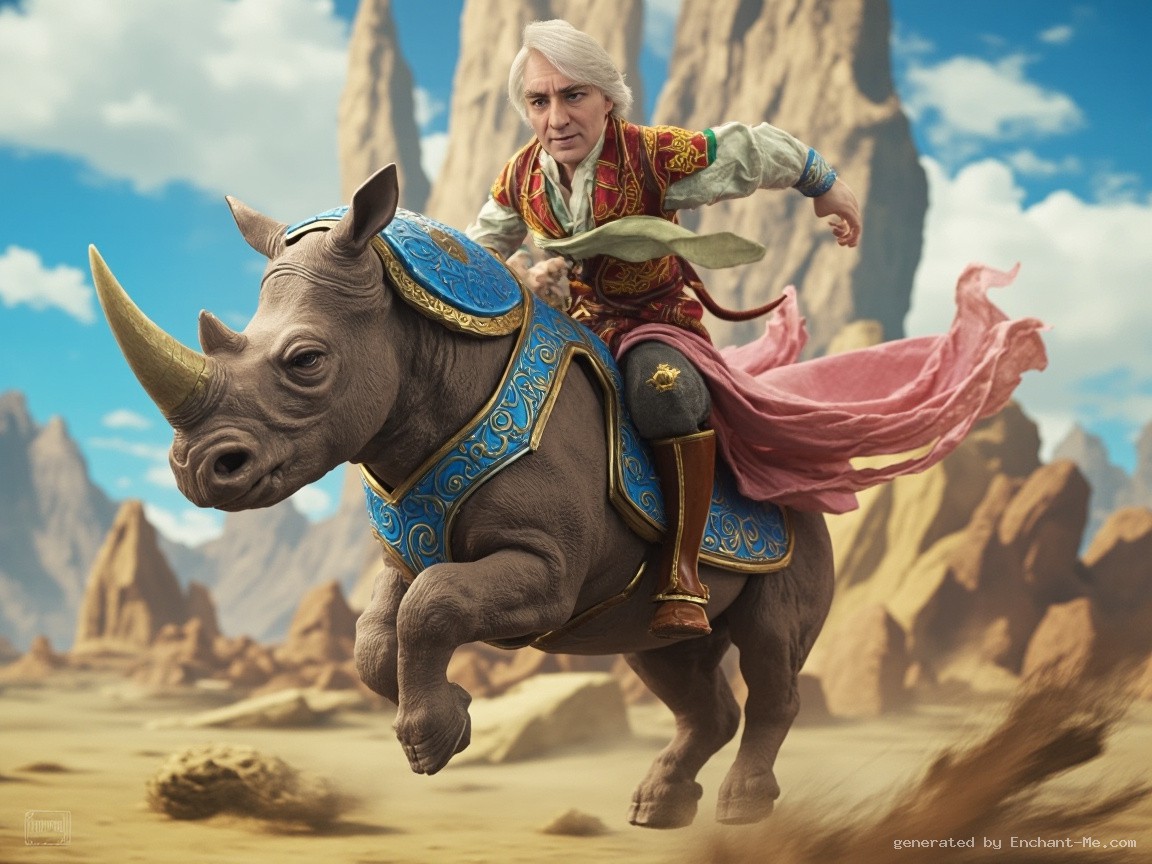 Anime style character, a man riding a rhino with an ornate blue saddle. Dynamic action shot, detailed background. Clean lines, vibrant anime colors. full body