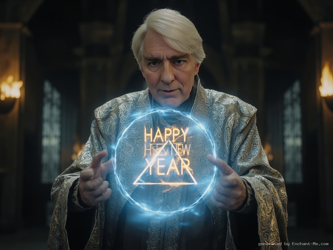 wizard casting an elaborate spell that says "Happy New Year"