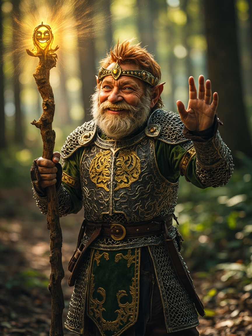 For a D&D character, a male gnome cleric of the Garl Glittergold faith.  He is 50 years old and wearing chainmail.  He has a smile and mischievous twinkle in his eye.